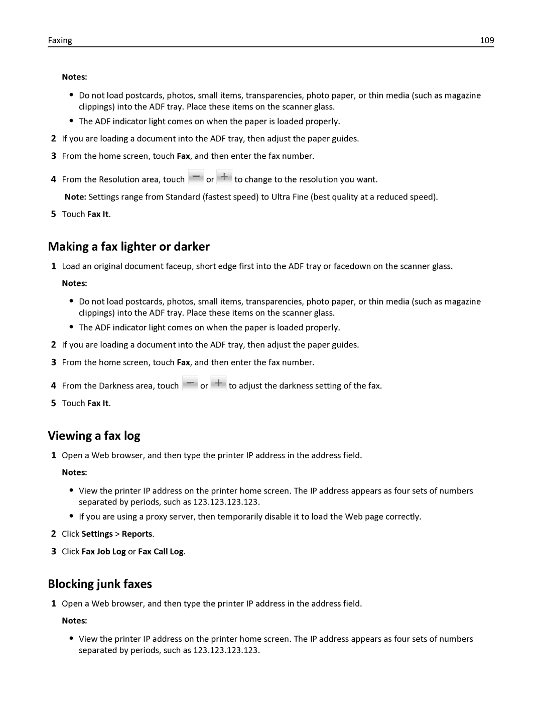 Lexmark 436 manual Making a fax lighter or darker, Viewing a fax log, Blocking junk faxes 