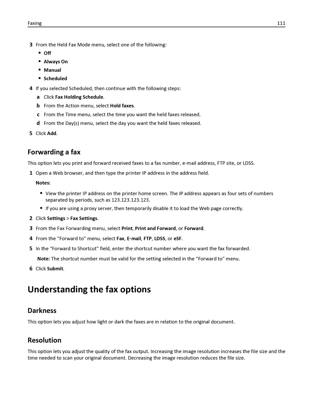 Lexmark 436 Understanding the fax options, Forwarding a fax, Off Always On Manual Scheduled, Click Settings Fax Settings 