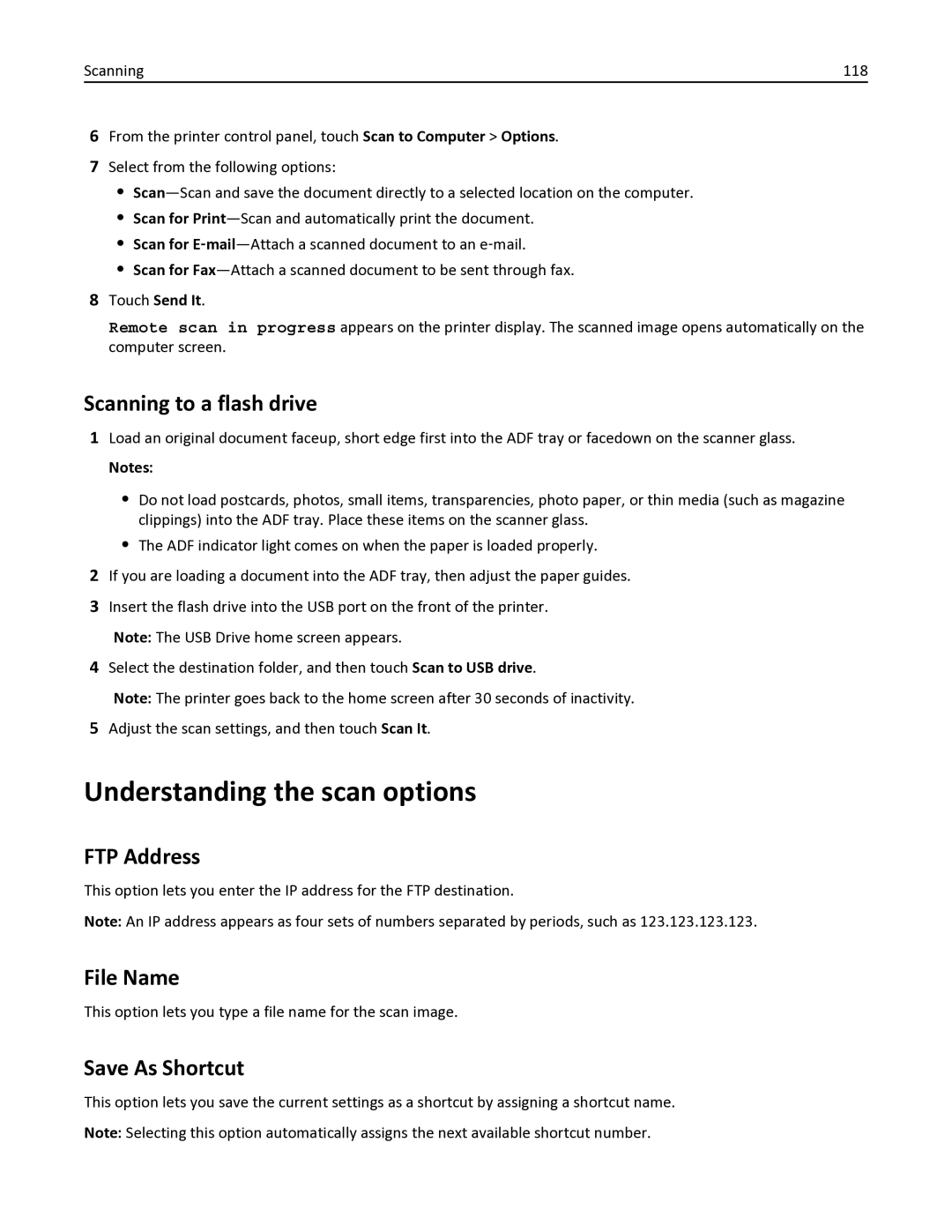 Lexmark 436 manual Understanding the scan options, Scanning to a flash drive, FTP Address 