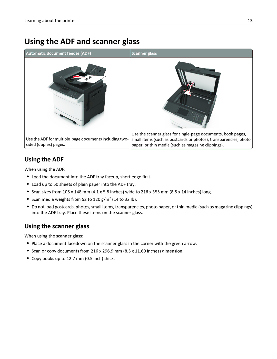 Lexmark 436 manual Using the ADF and scanner glass, Using the scanner glass, Automatic document feeder ADF Scanner glass 