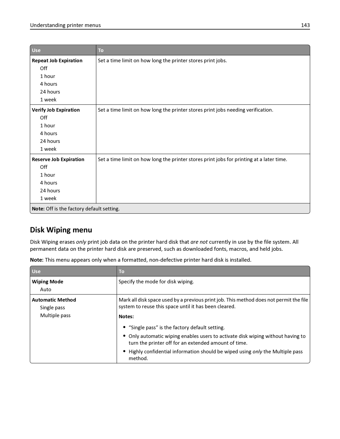 Lexmark 436 manual Disk Wiping menu, Understanding printer menus 143 