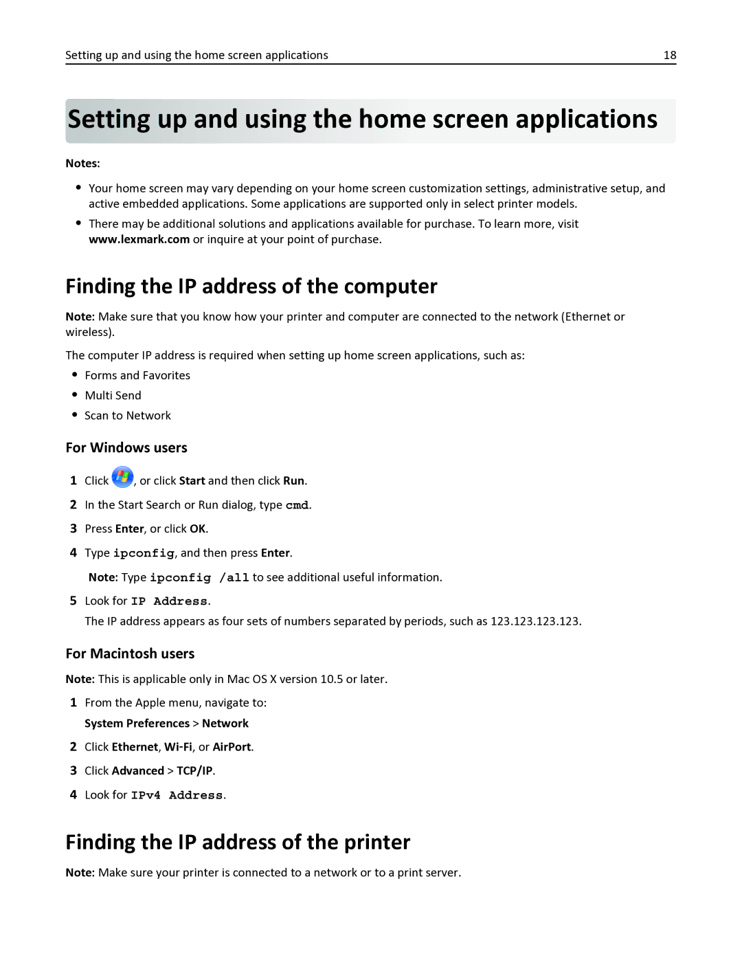 Lexmark 436 Setting up and using the home screen applications, Finding the IP address of the computer, For Windows users 