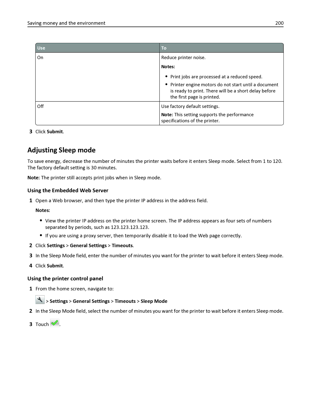 Lexmark 436 manual Adjusting Sleep mode, Saving money and the environment 200, Click Settings General Settings Timeouts 