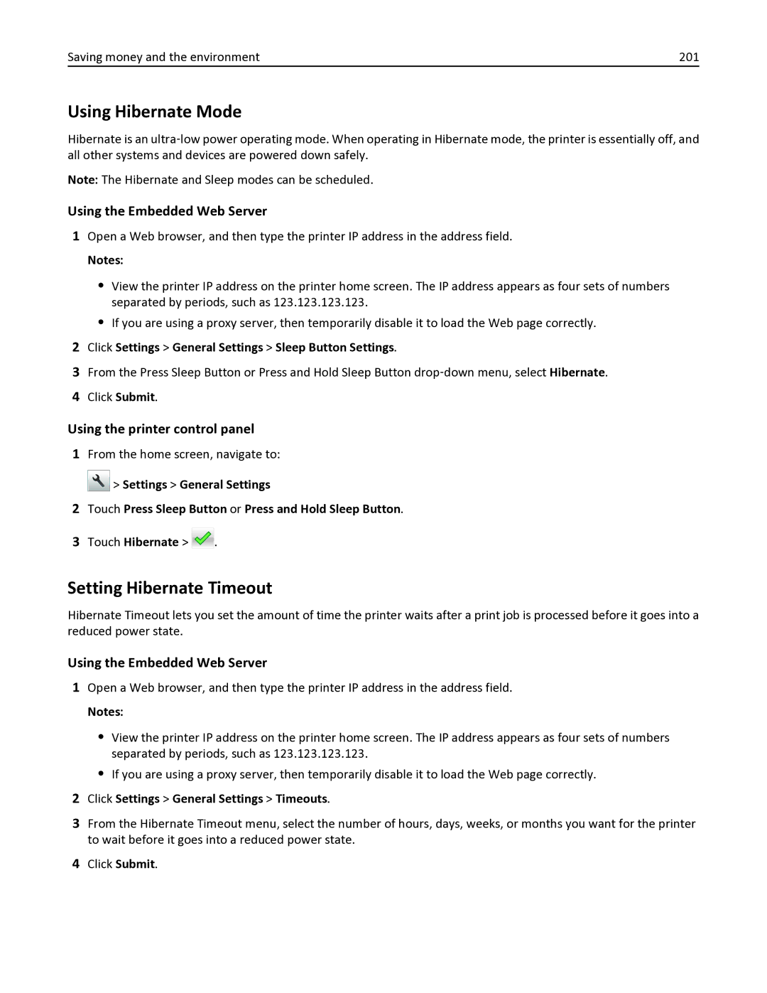 Lexmark 436 manual Using Hibernate Mode, Setting Hibernate Timeout, Saving money and the environment 201 