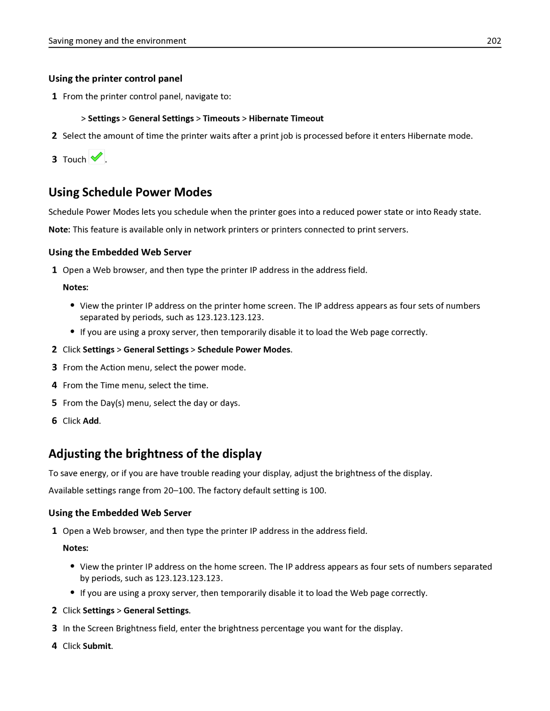 Lexmark 436 manual Using Schedule Power Modes, Adjusting the brightness of the display, Click Settings General Settings 