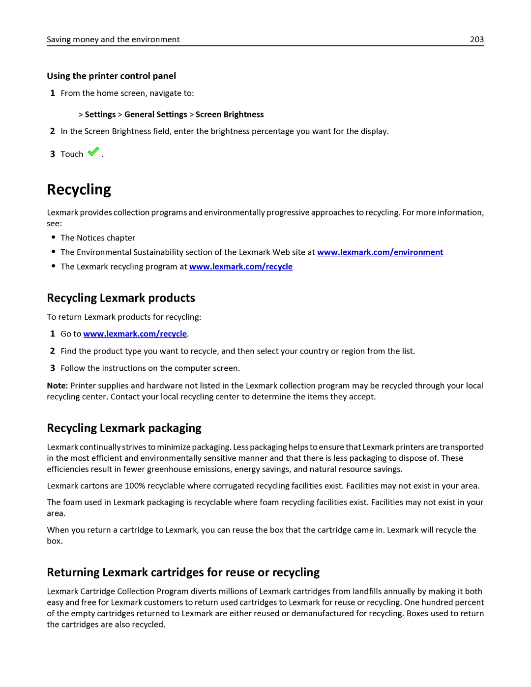 Lexmark 436 manual Recycling Lexmark products, Recycling Lexmark packaging, Settings General Settings Screen Brightness 