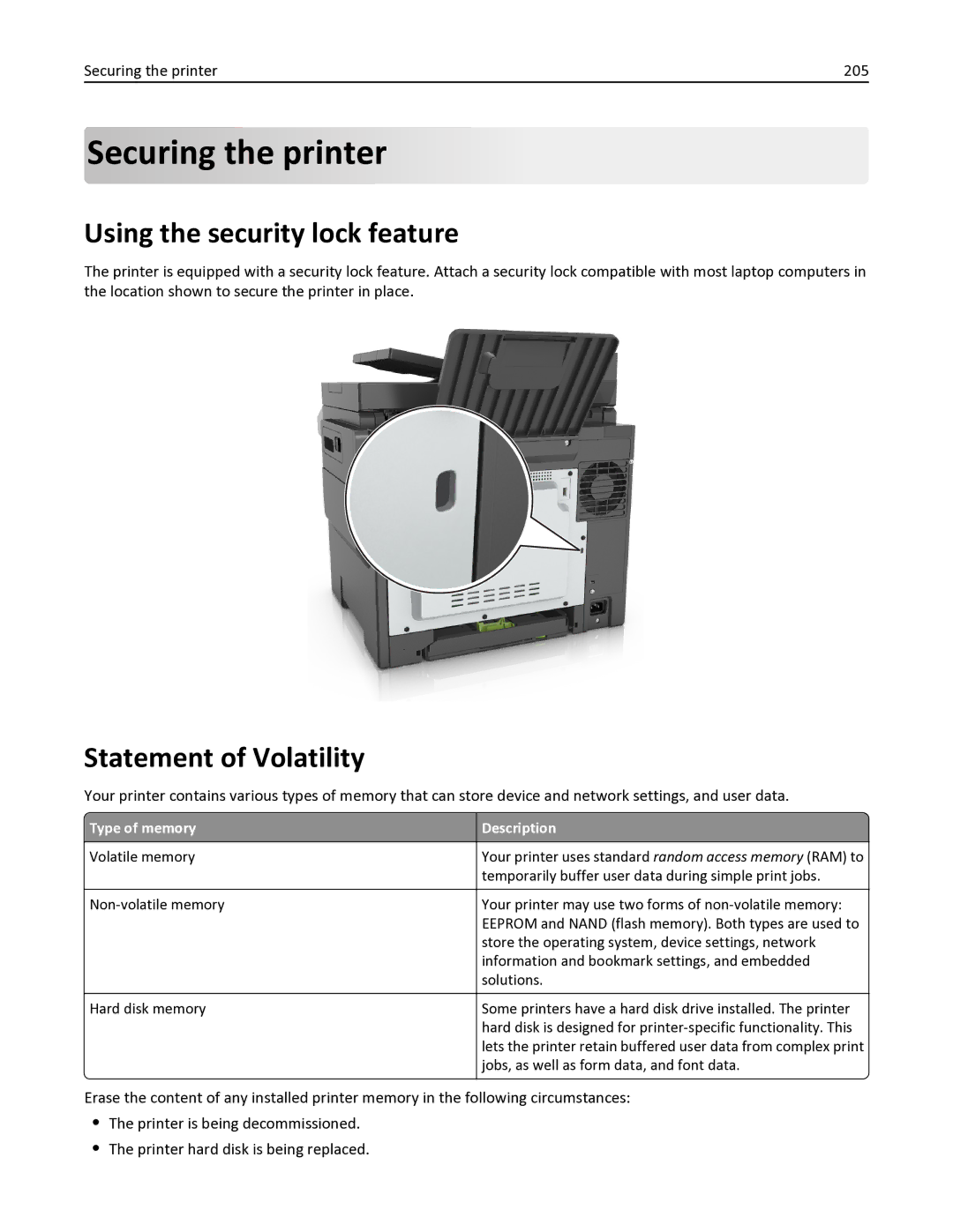 Lexmark 436 manual Using the security lock feature, Statement of Volatility, Securing the printer 205 