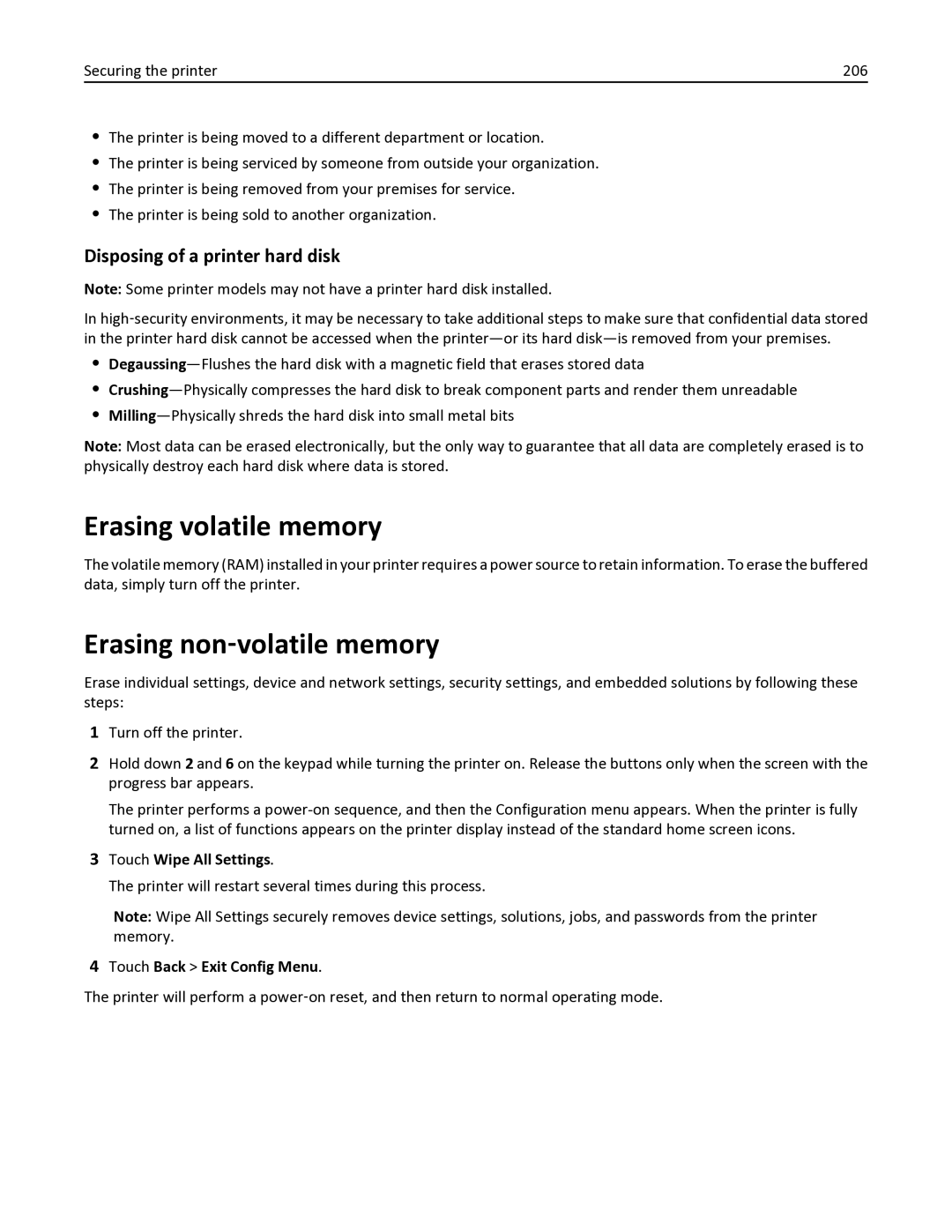 Lexmark 436 manual Erasing volatile memory, Erasing non‑volatile memory, Disposing of a printer hard disk 