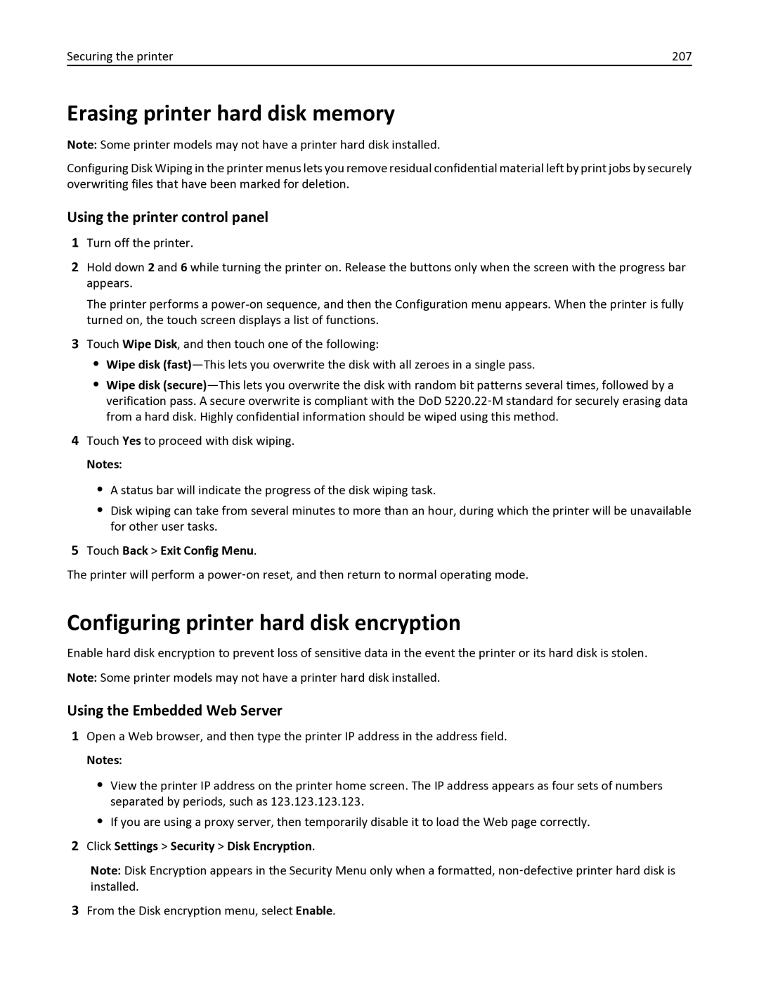 Lexmark 436 Erasing printer hard disk memory, Configuring printer hard disk encryption, Using the printer control panel 