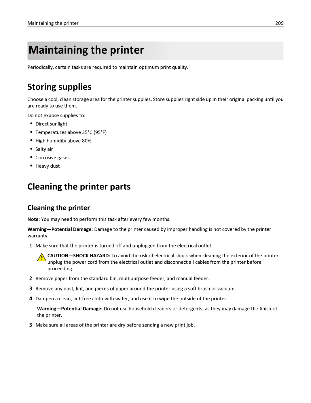 Lexmark 436 manual Storing supplies, Cleaning the printer parts, Maintaining the printer 209 