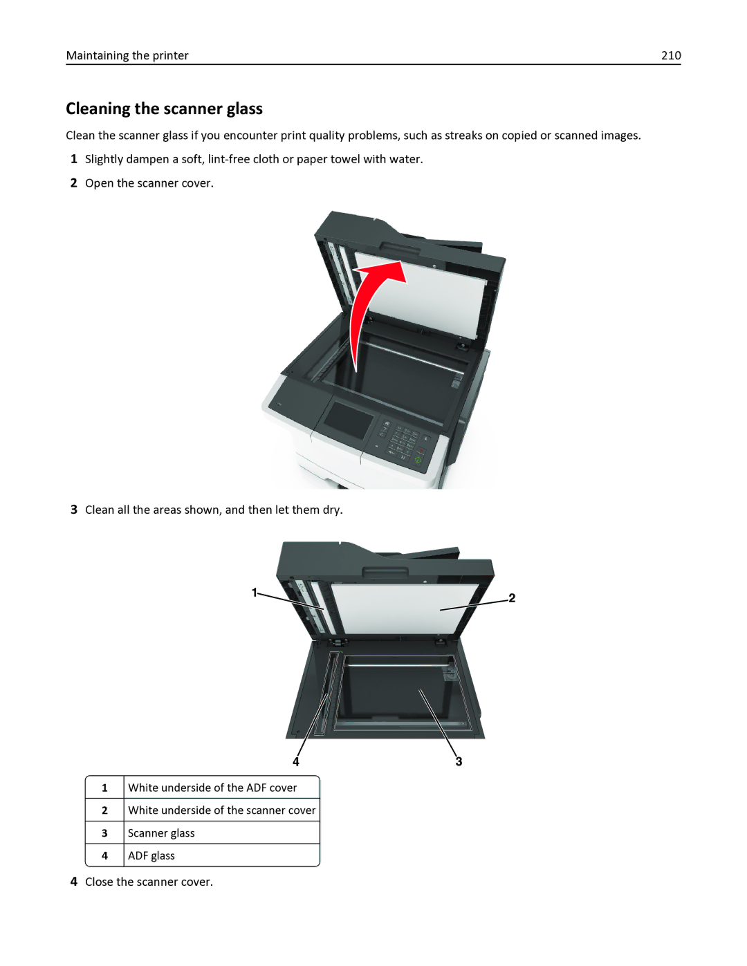 Lexmark 436 manual Cleaning the scanner glass, Maintaining the printer 210, Close the scanner cover 