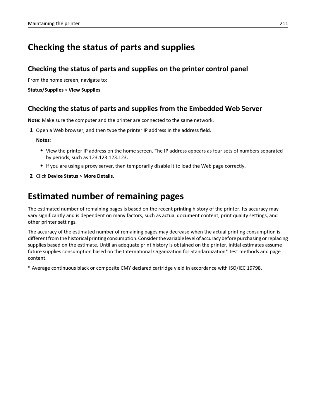 Lexmark 436 Checking the status of parts and supplies, Estimated number of remaining pages, Maintaining the printer 211 