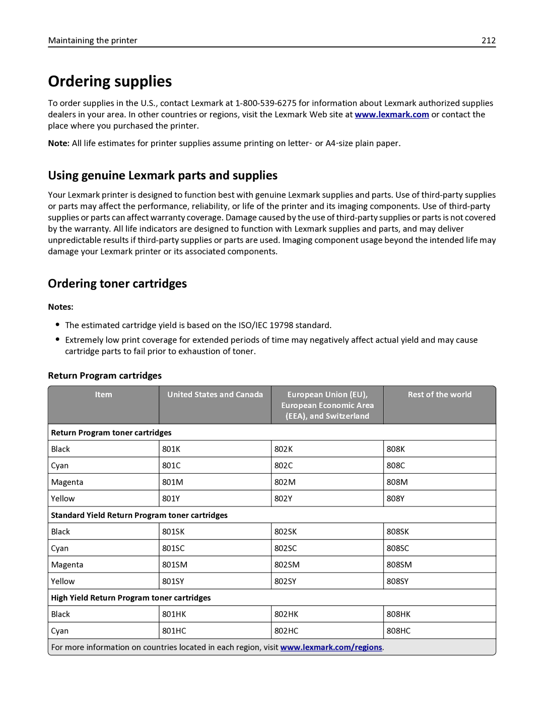 Lexmark 436 manual Ordering supplies, Using genuine Lexmark parts and supplies, Ordering toner cartridges 