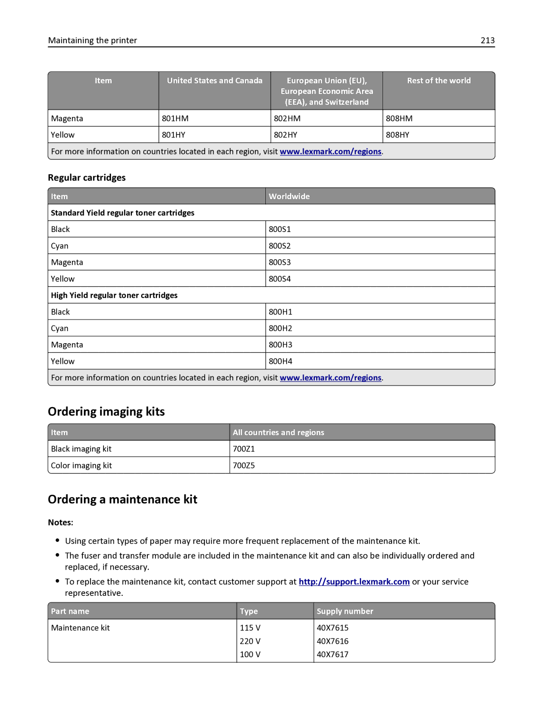 Lexmark 436 manual Ordering imaging kits, Ordering a maintenance kit, Regular cartridges, Maintaining the printer 213 