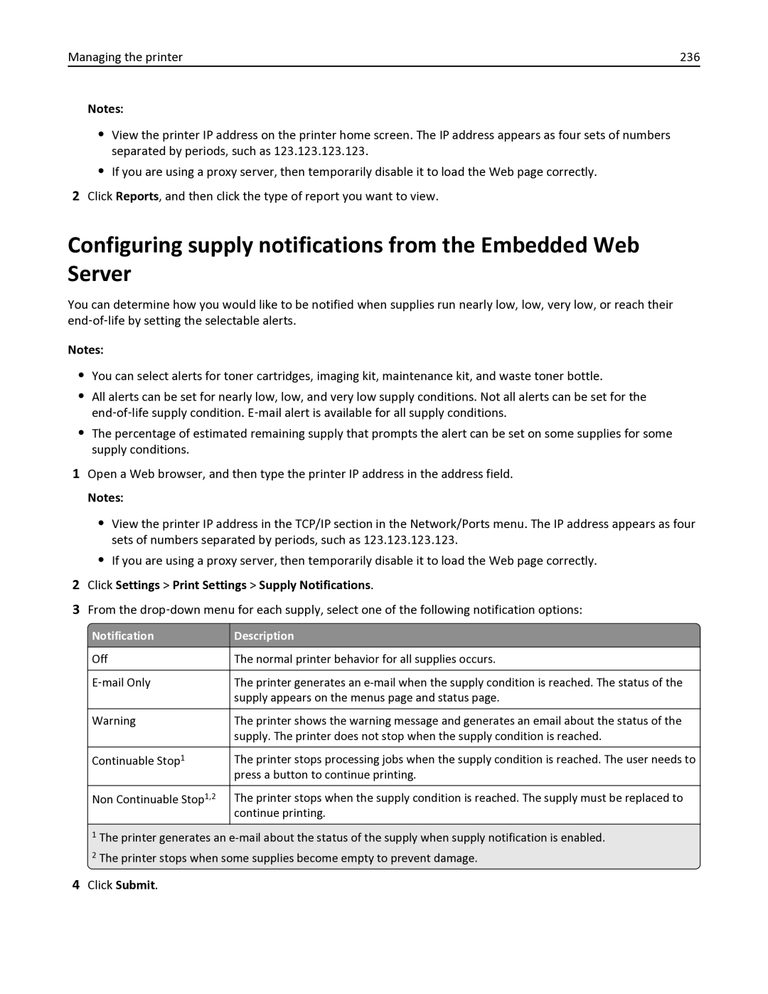 Lexmark 436 manual Click Settings Print Settings Supply Notifications, Notification Description 