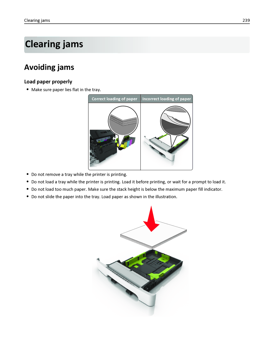 Lexmark 436 manual Avoiding jams, Load paper properly, Clearing jams 239, Make sure paper lies flat in the tray 