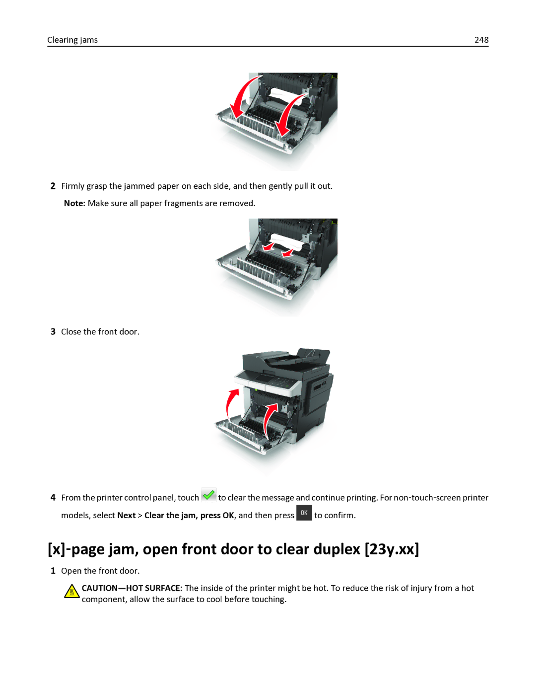 Lexmark 436 manual ‑page jam, open front door to clear duplex 23y.xx 