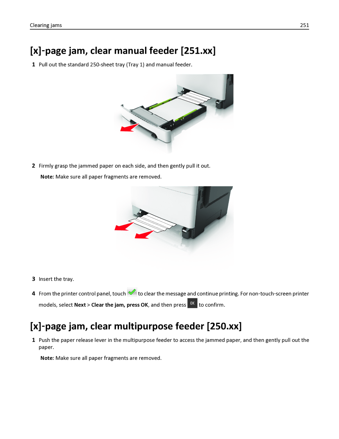 Lexmark 436 ‑page jam, clear manual feeder, ‑page jam, clear multipurpose feeder, Clearing jams 251 