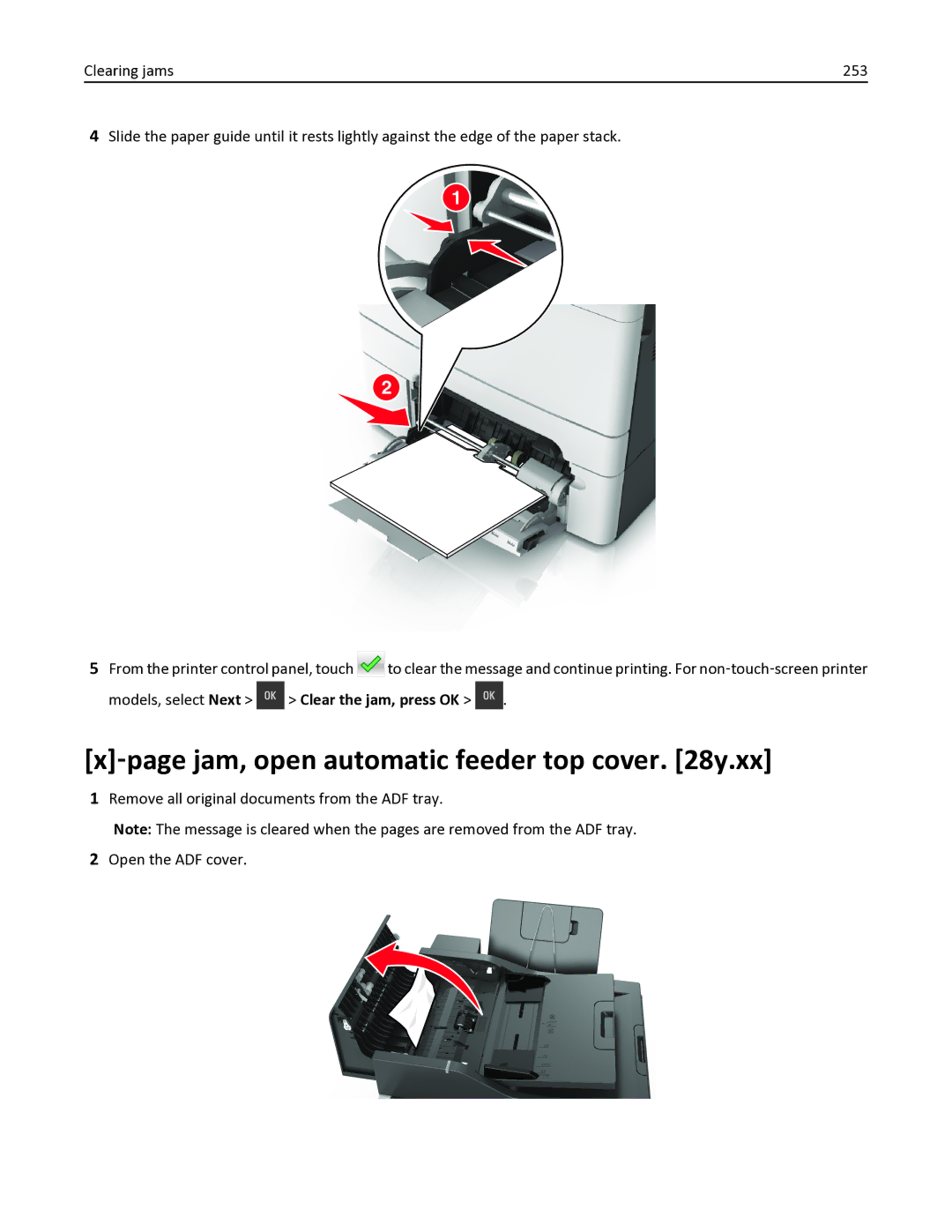 Lexmark 436 manual ‑page jam, open automatic feeder top cover y.xx, Models, select Next Clear the jam, press OK 