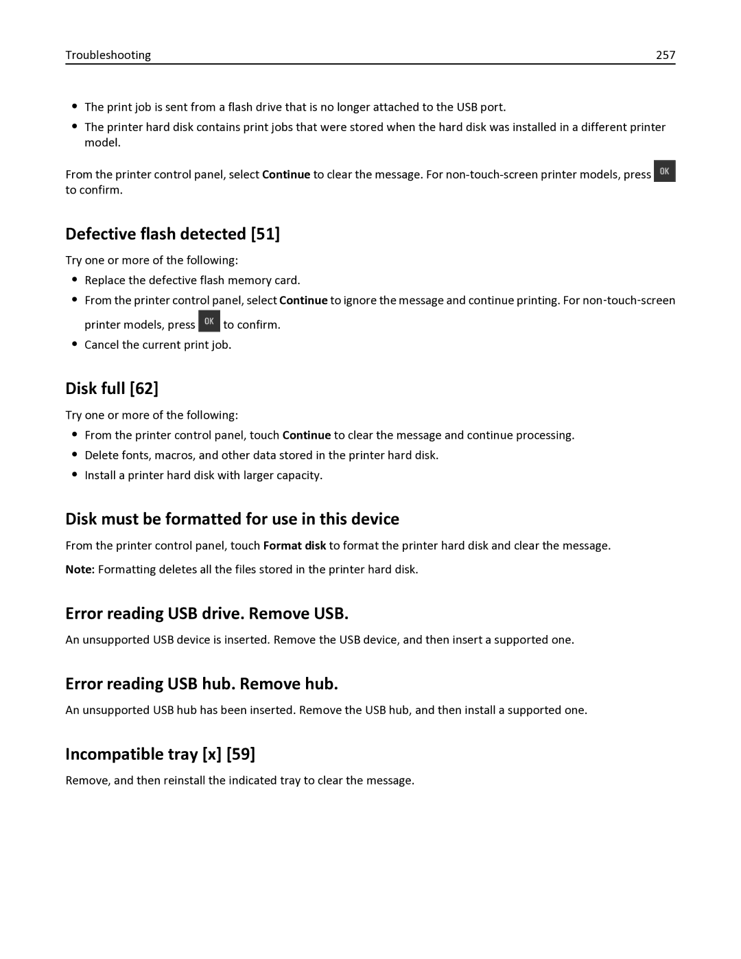 Lexmark 436 manual Defective flash detected, Disk full, Disk must be formatted for use in this device, Incompatible tray x 