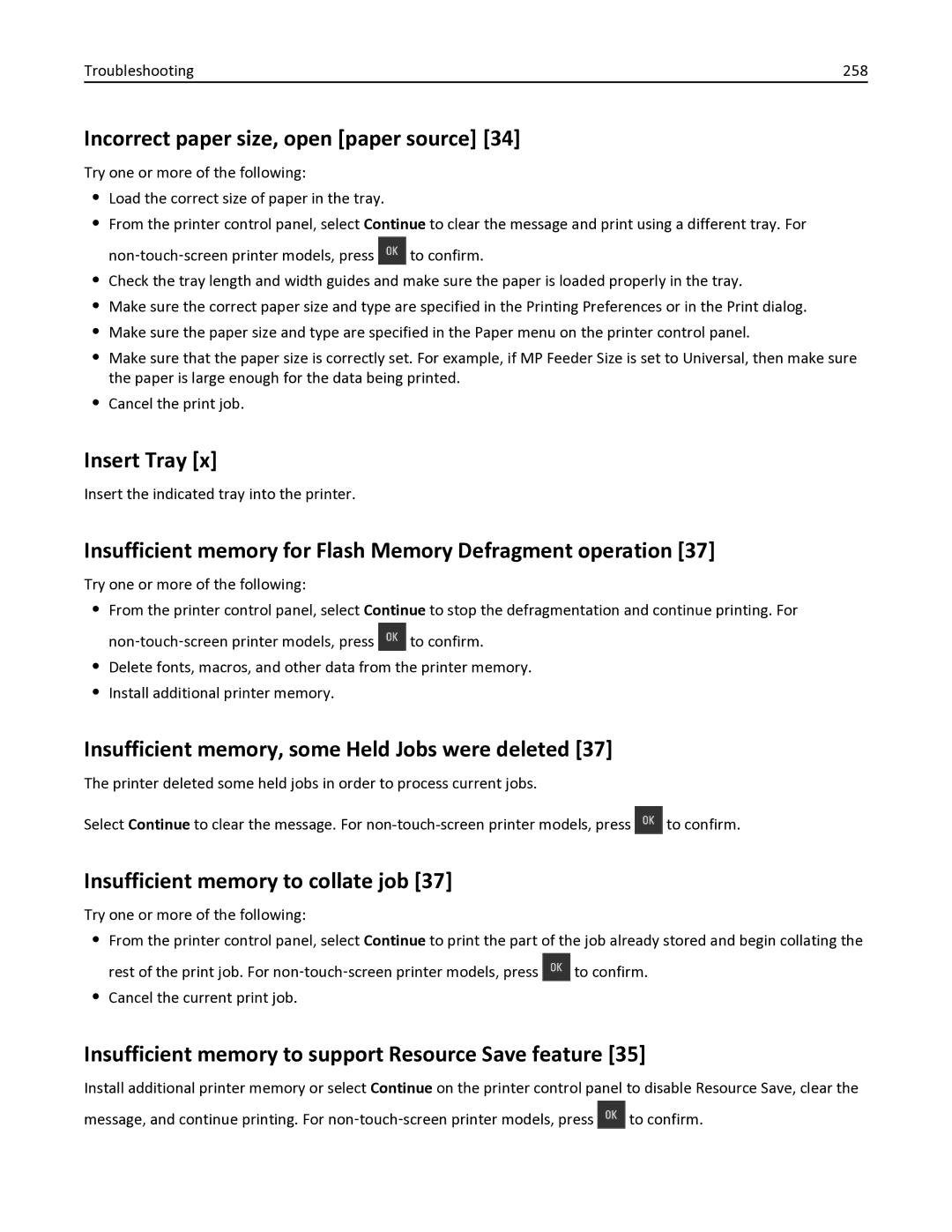 Lexmark 436 manual Incorrect paper size, open paper source, Insert Tray, Insufficient memory, some Held Jobs were deleted 