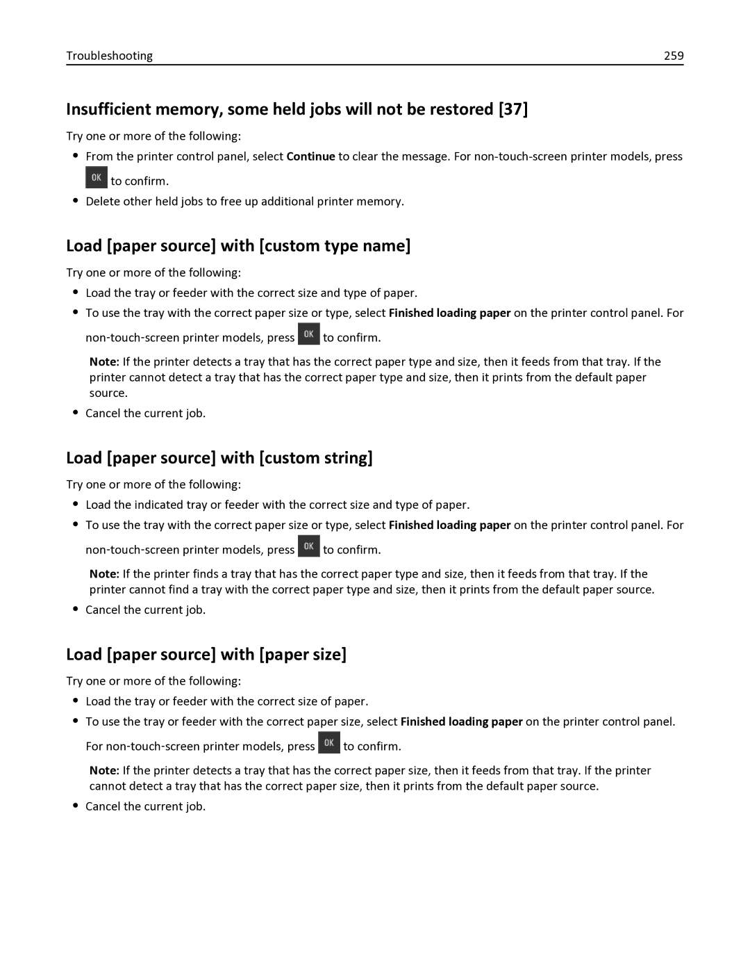 Lexmark 436 manual Insufficient memory, some held jobs will not be restored, Load paper source with custom type name 