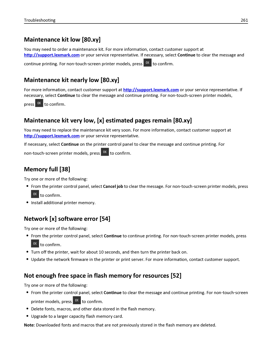 Lexmark 436 manual Maintenance kit low 80.xy, Maintenance kit nearly low 80.xy, Memory full, Network x software error 
