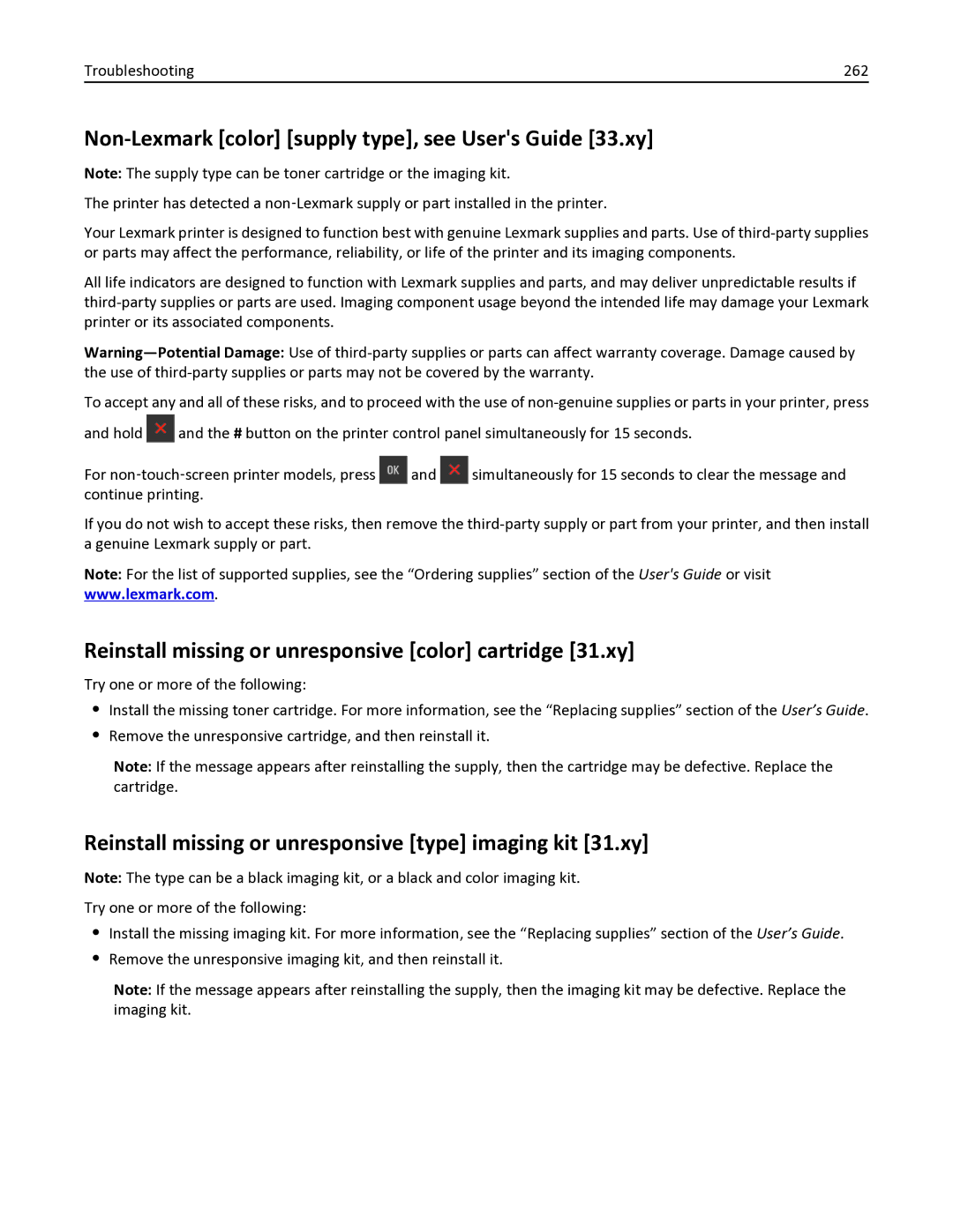 Lexmark 436 Non-Lexmark color supply type, see Users Guide 33.xy, Reinstall missing or unresponsive color cartridge 31.xy 