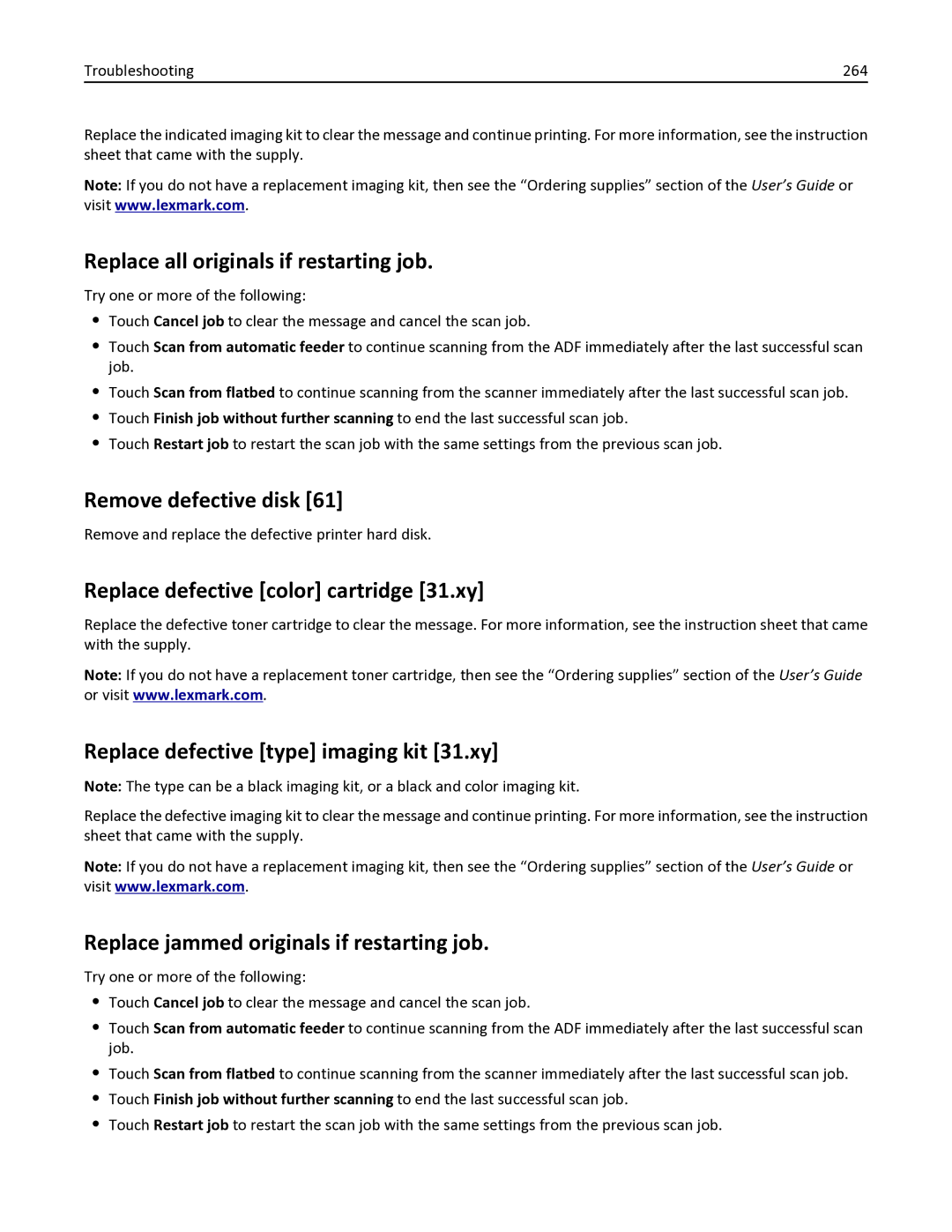 Lexmark 436 manual Replace all originals if restarting job, Remove defective disk, Replace defective color cartridge 31.xy 