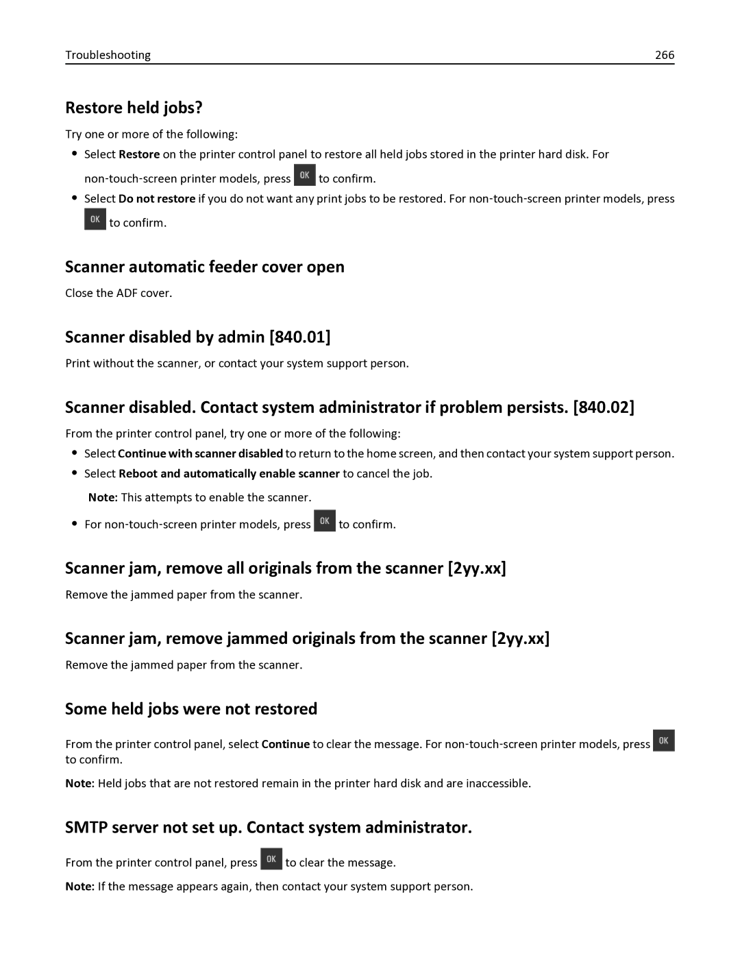 Lexmark 436 manual Restore held jobs?, Scanner automatic feeder cover open, Scanner disabled by admin 