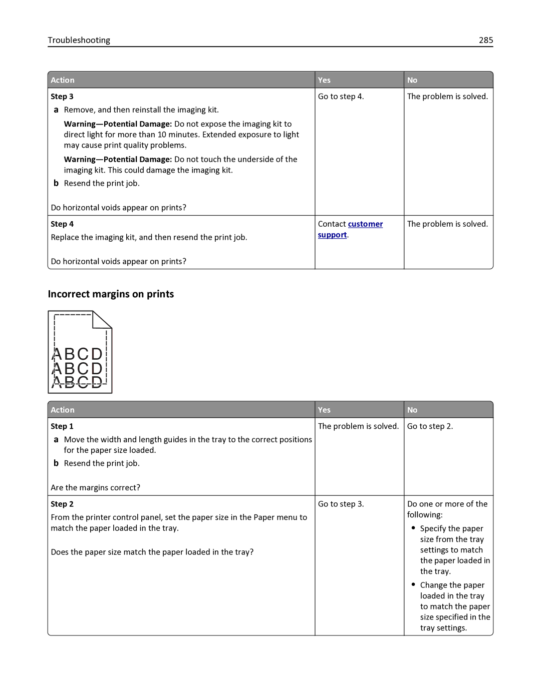 Lexmark 436 manual Incorrect margins on prints, Troubleshooting 285 