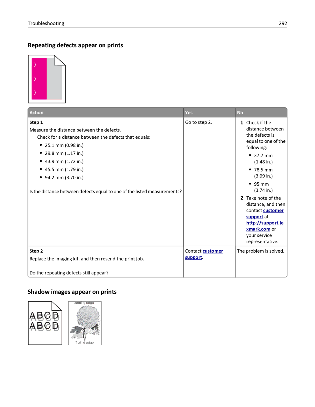 Lexmark 436 manual Repeating defects appear on prints, Shadow images appear on prints, Troubleshooting 292 