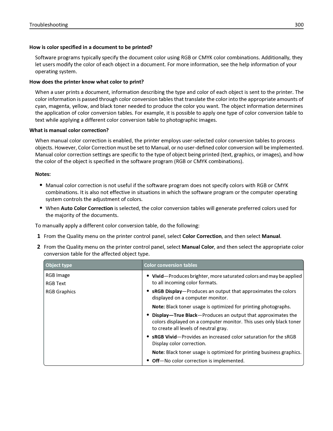 Lexmark 436 Troubleshooting 300, How is color specified in a document to be printed?, What is manual color correction? 