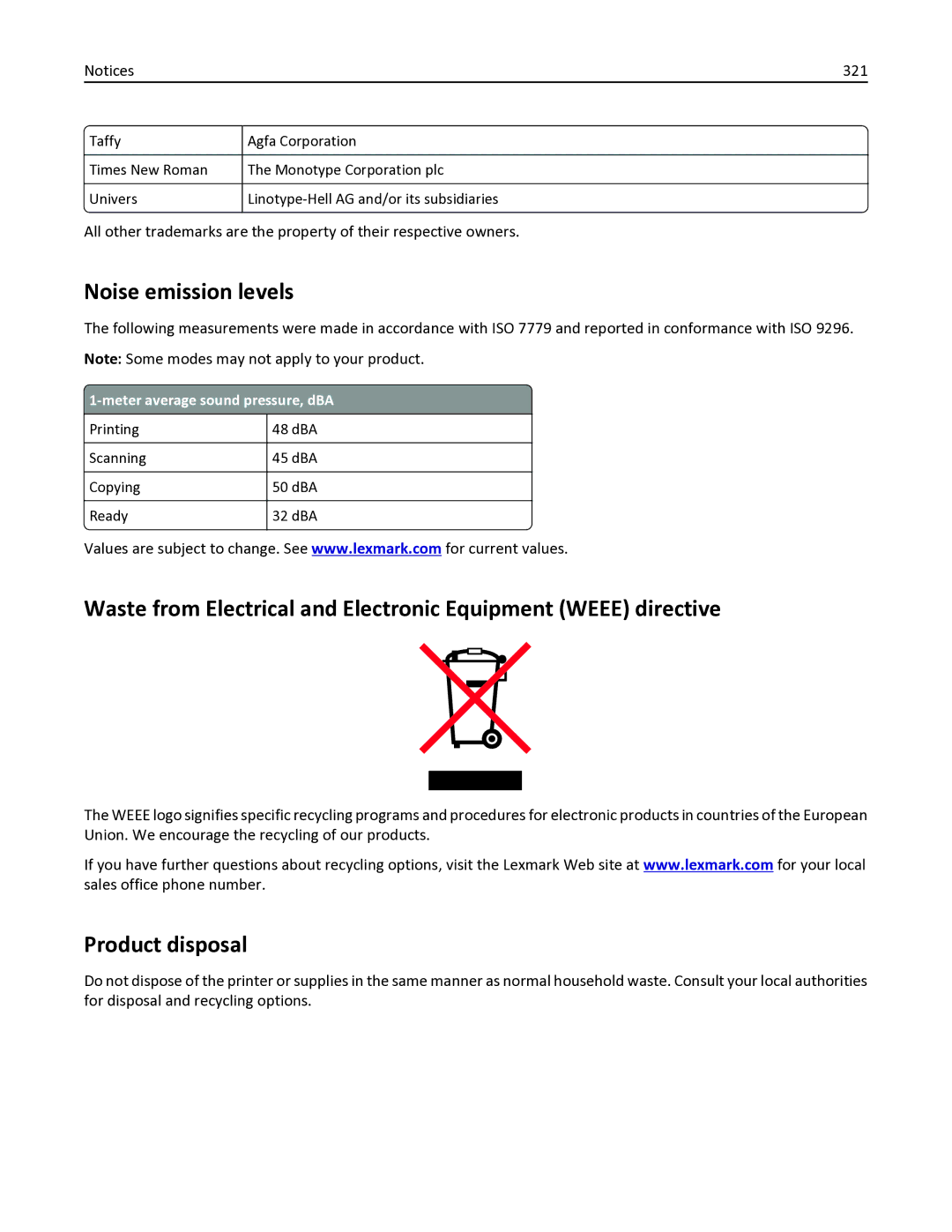 Lexmark 436 manual Noise emission levels, Product disposal, 321, Meter average sound pressure, dBA 