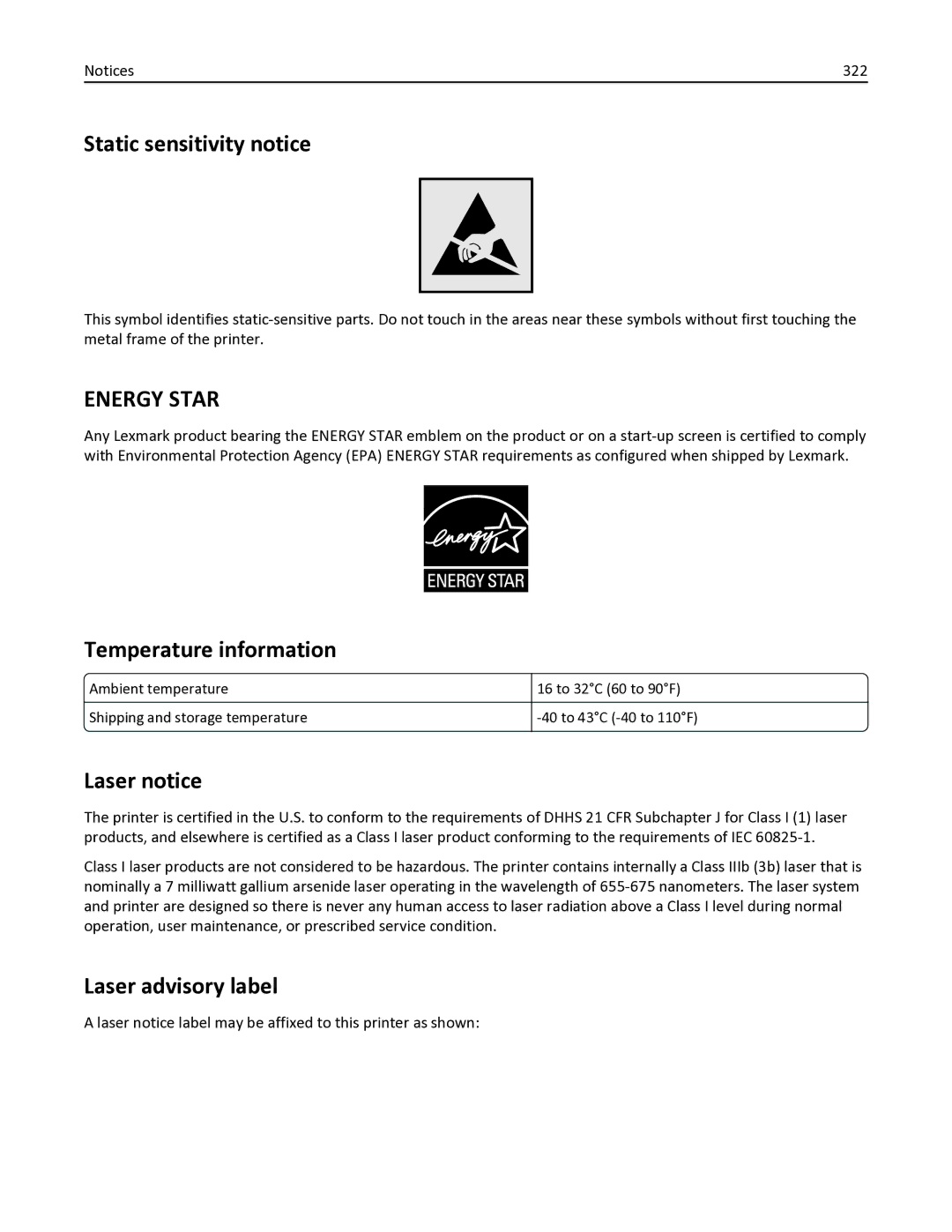 Lexmark 436 manual Static sensitivity notice, Temperature information, Laser notice, Laser advisory label 