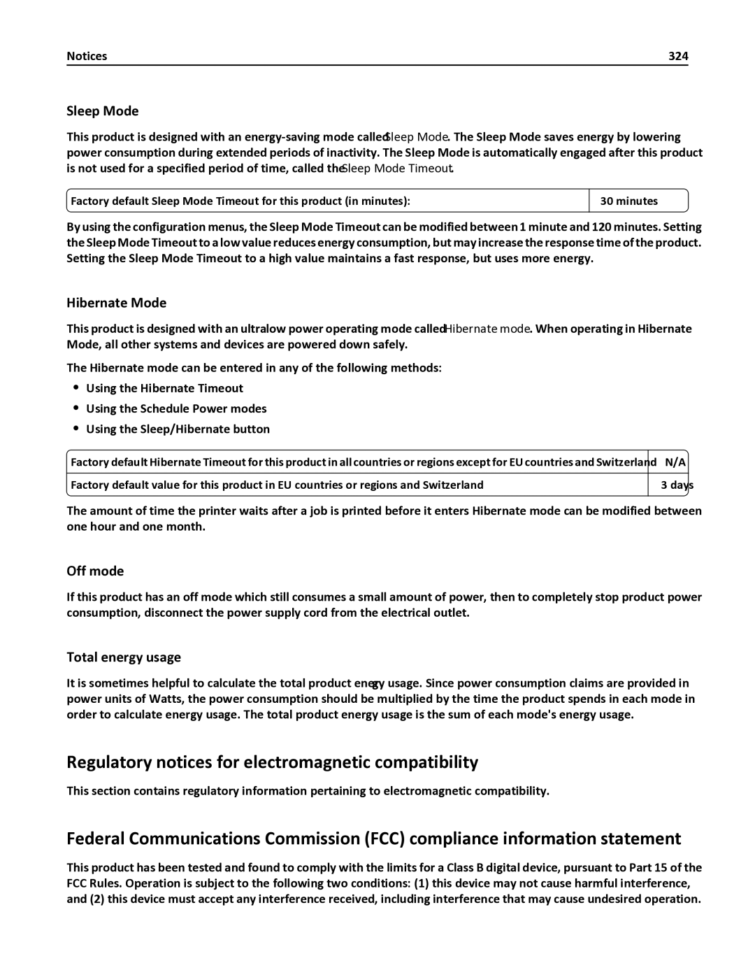 Lexmark 436 Regulatory notices for electromagnetic compatibility, Sleep Mode, Hibernate Mode, Off mode, Total energy usage 