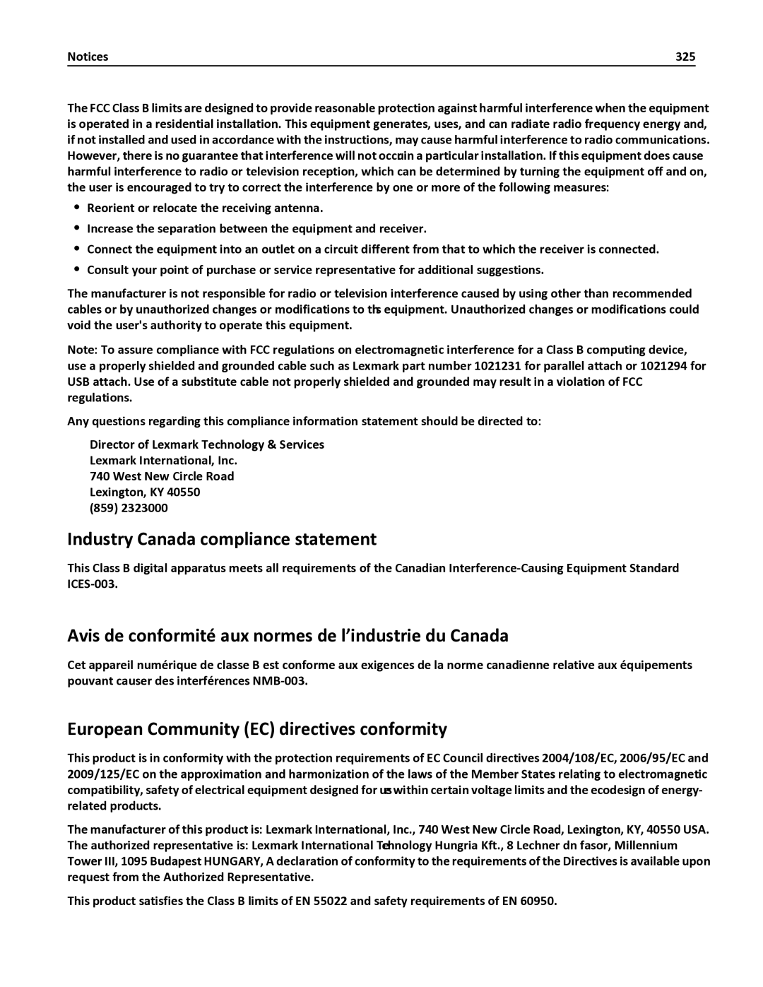 Lexmark 436 manual Industry Canada compliance statement, Avis de conformité aux normes de l’industrie du Canada, 325 