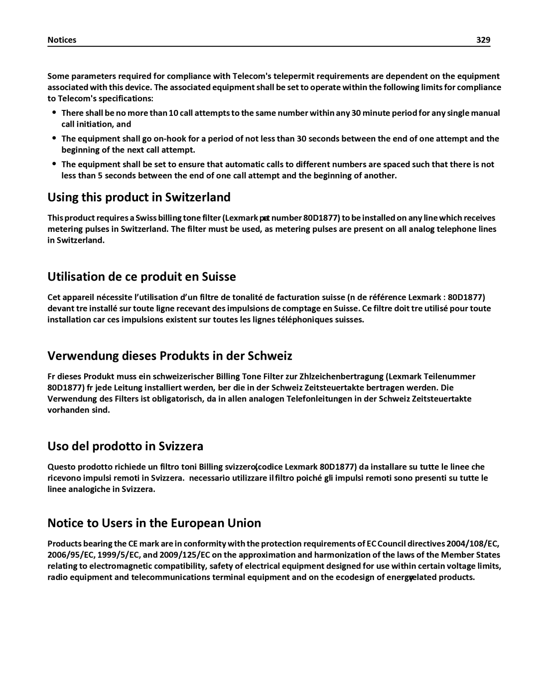 Lexmark 436 Using this product in Switzerland, Utilisation de ce produit en Suisse, Uso del prodotto in Svizzera, 329 