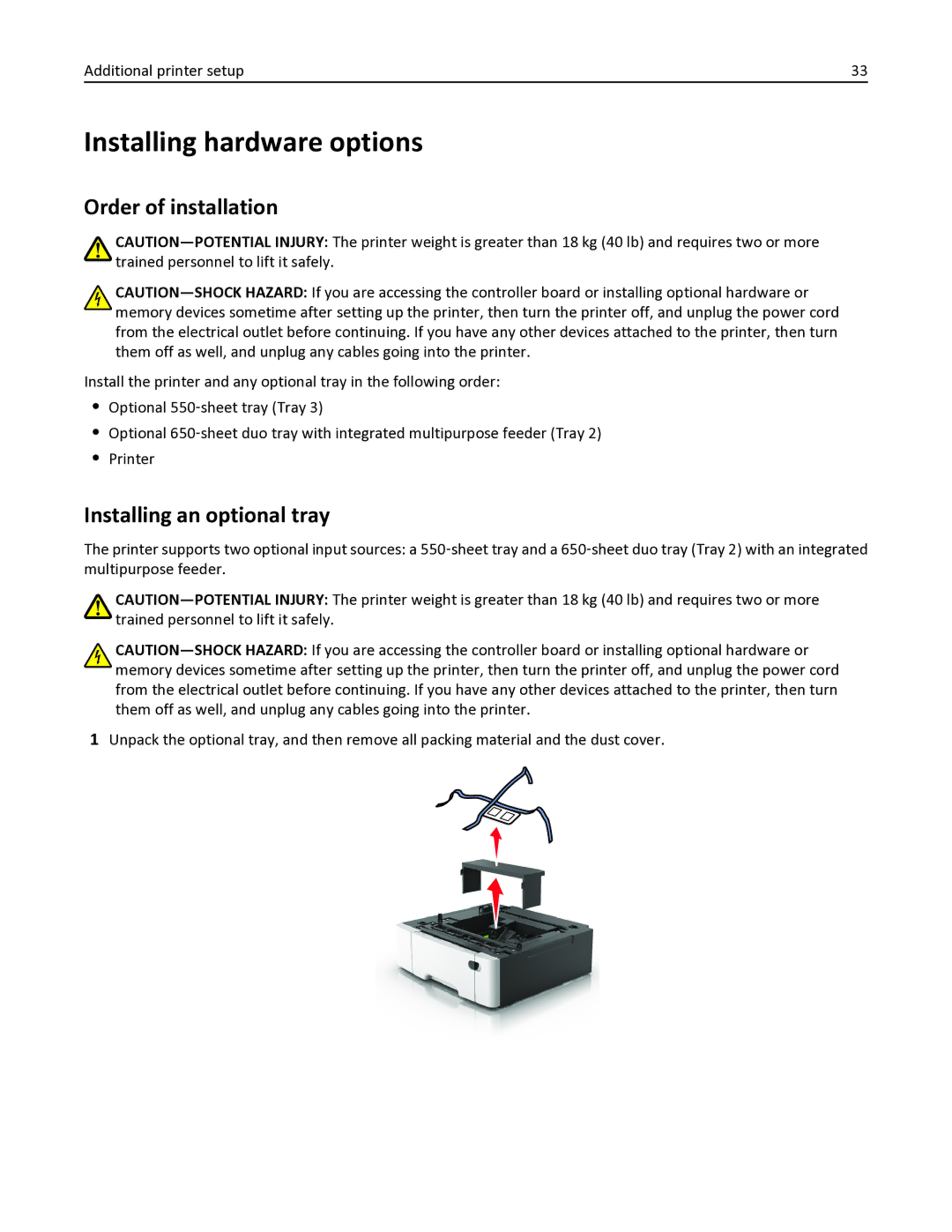 Lexmark 436 manual Installing hardware options, Order of installation, Installing an optional tray 