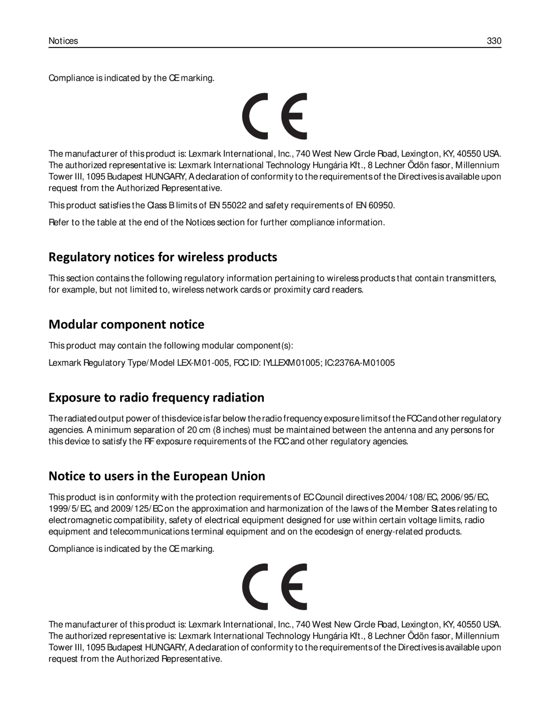 Lexmark 436 Regulatory notices for wireless products, Modular component notice, Exposure to radio frequency radiation, 330 