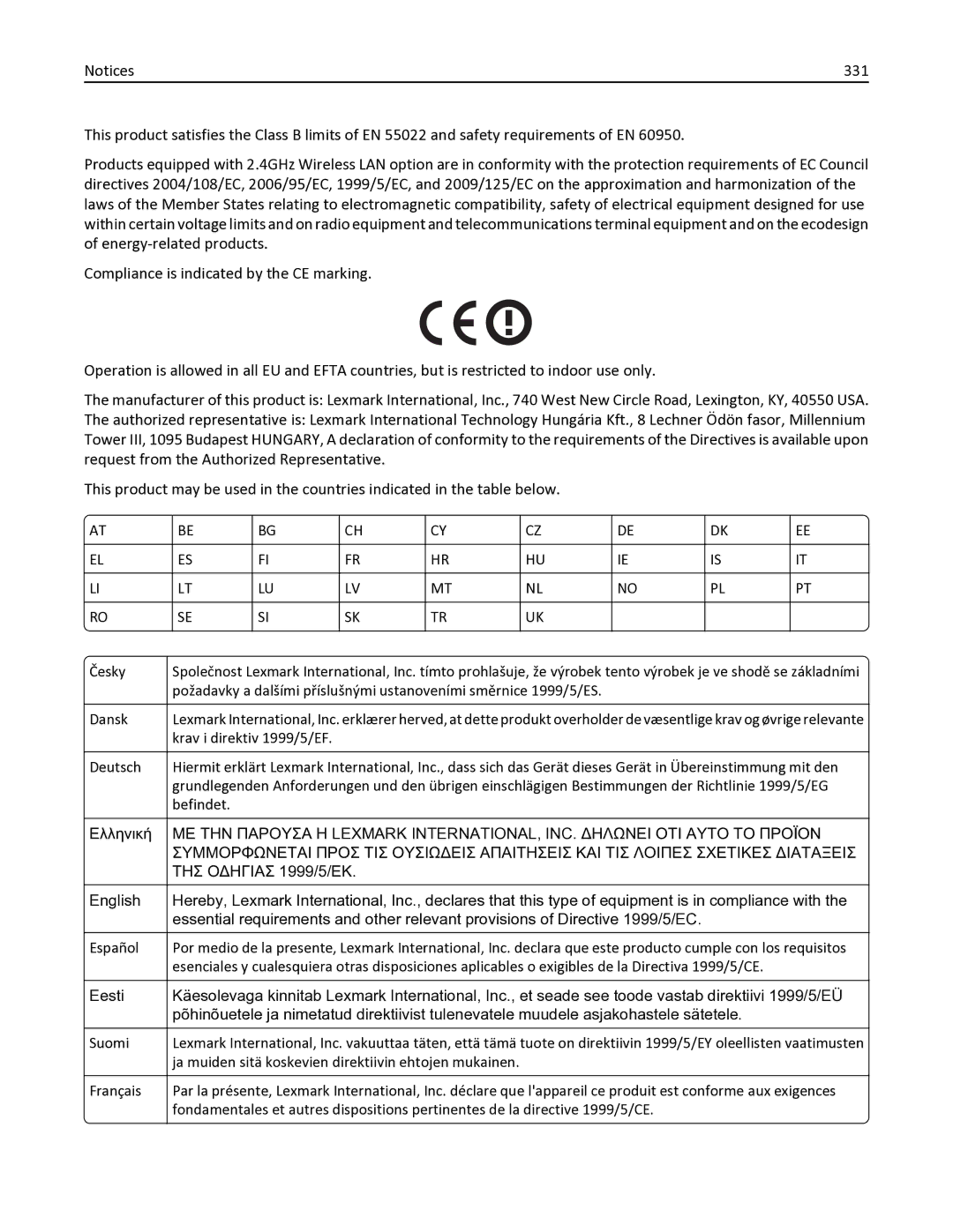 Lexmark 436 manual 331, ΤΗΣ Οδηγιασ 1999/5/ΕΚ 