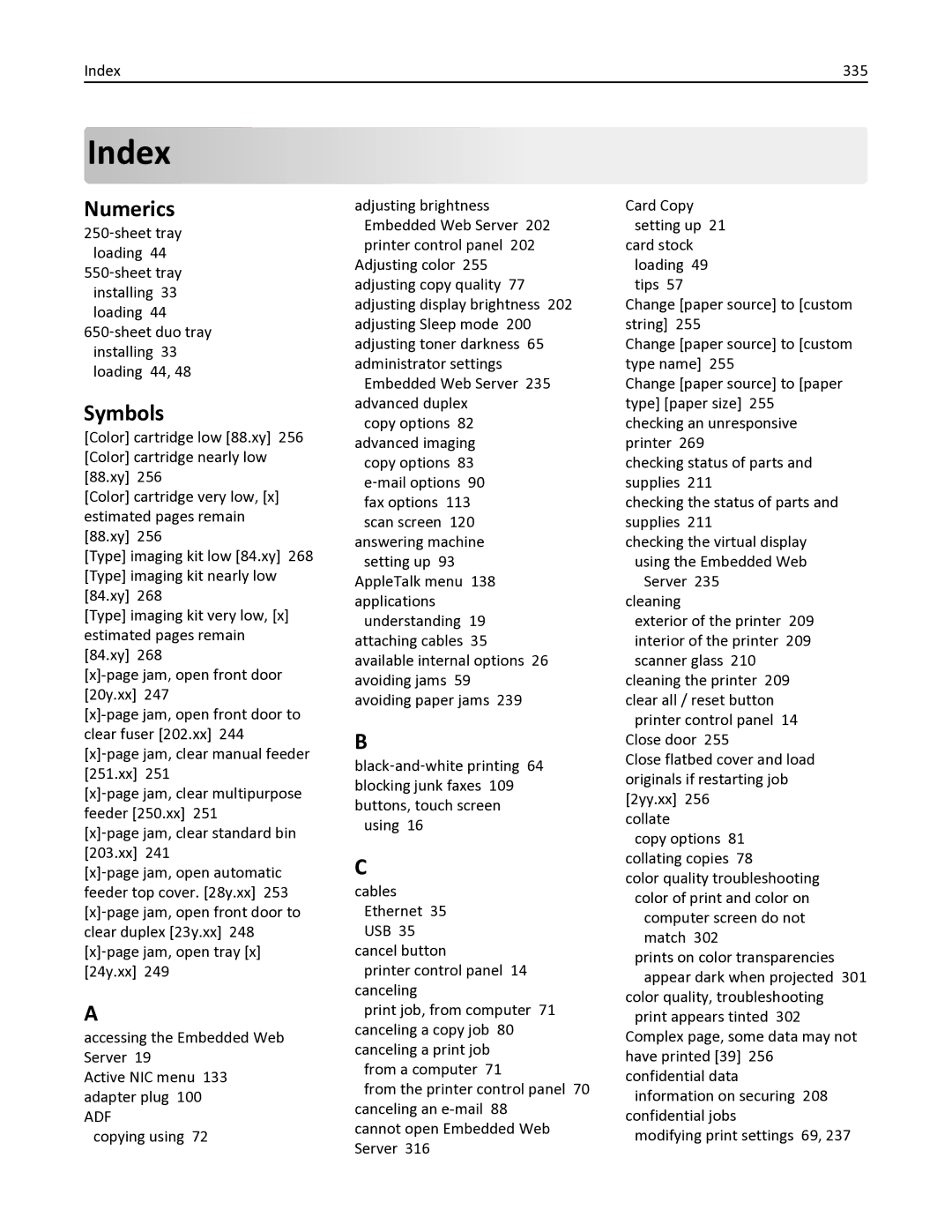 Lexmark 436 manual Numerics, Symbols, Index 335 