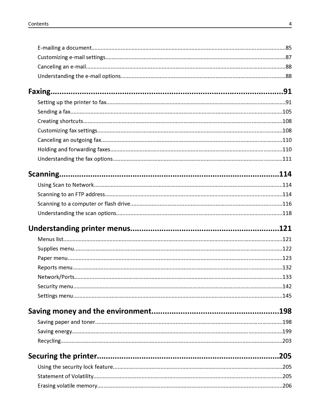 Lexmark 436 manual Faxing, Scanning, Understanding printer menus, Saving money and the environment, Securing the printer 