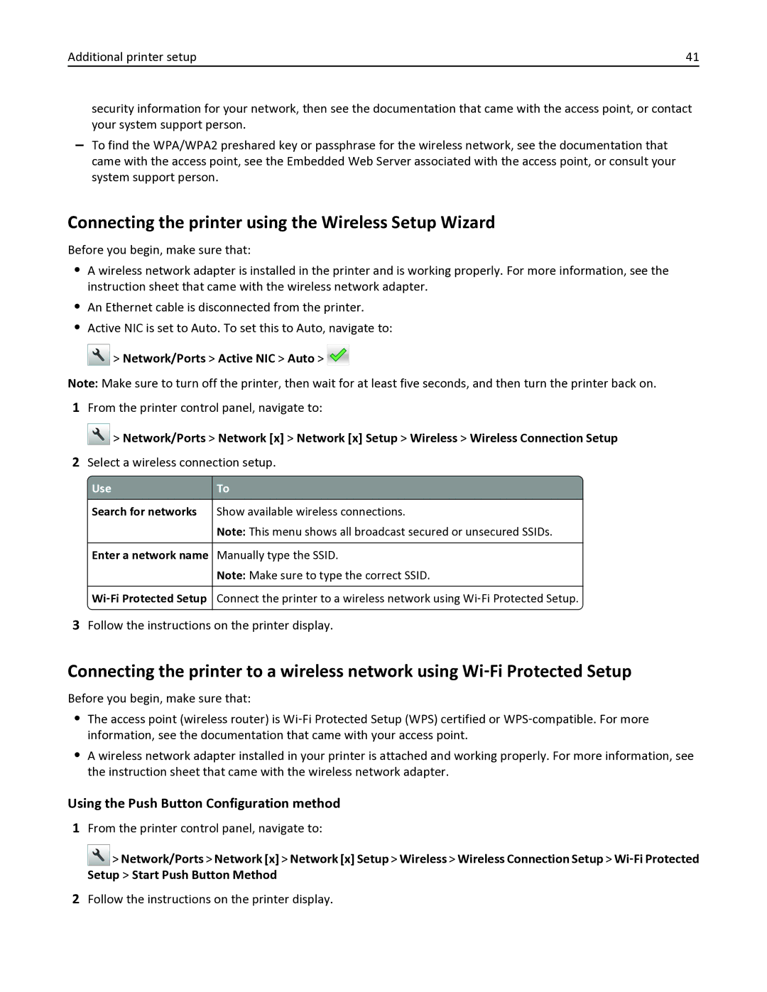 Lexmark 436 manual Connecting the printer using the Wireless Setup Wizard, Using the Push Button Configuration method 