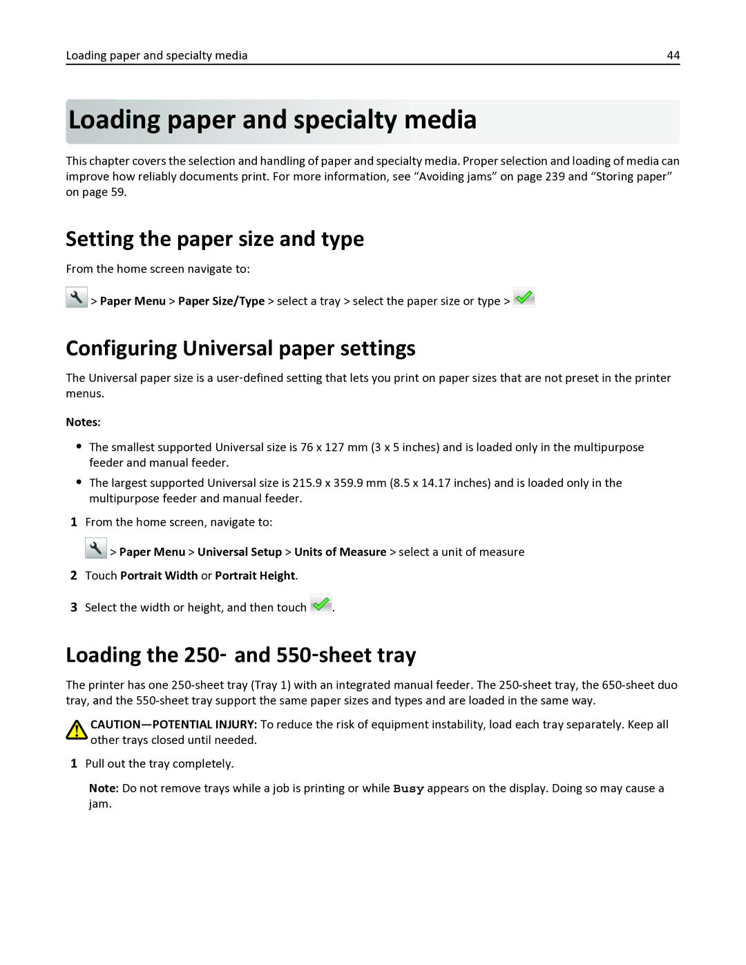 Lexmark 436 manual Loading paper and specialty media, Setting the paper size and type, Configuring Universal paper settings 