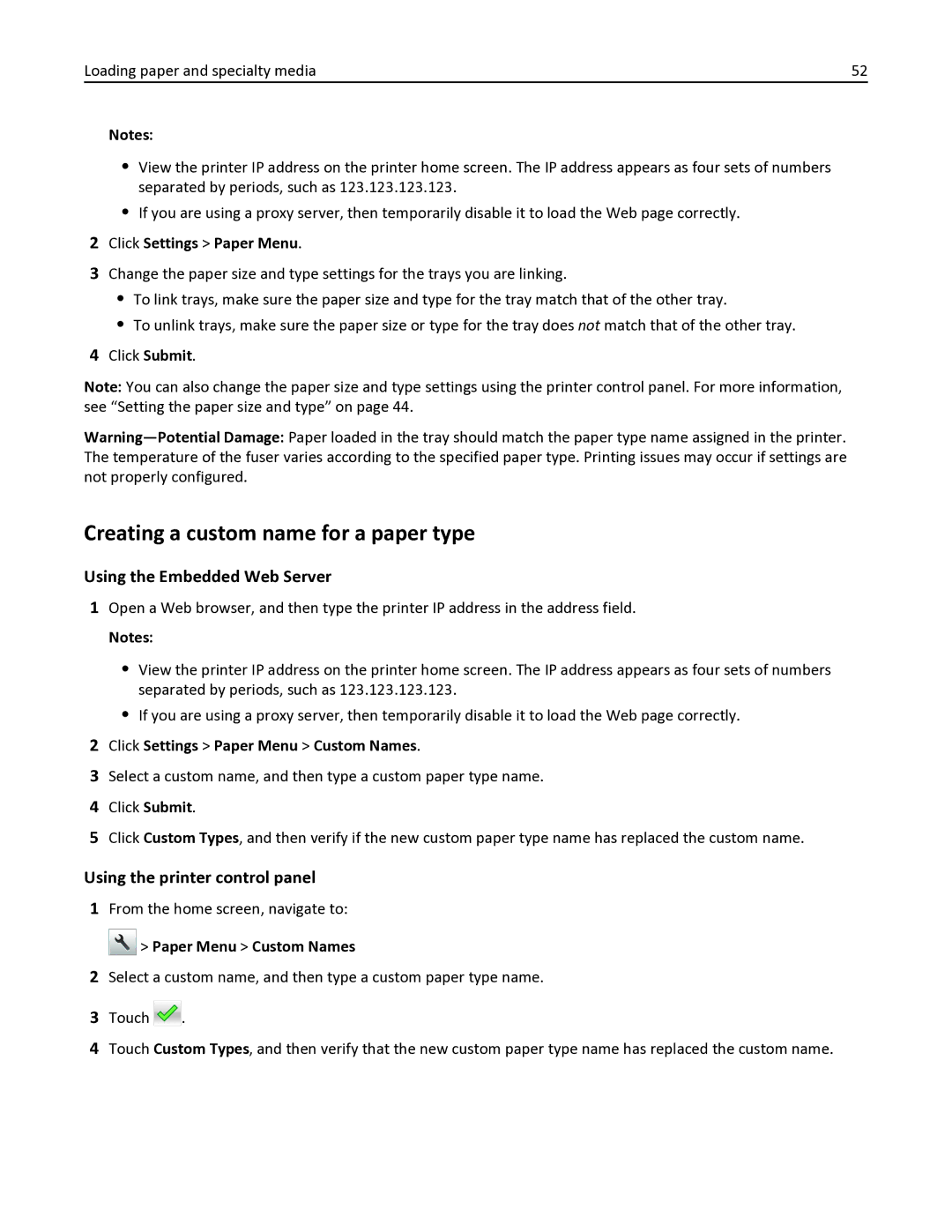 Lexmark 436 manual Creating a custom name for a paper type, Using the Embedded Web Server, Using the printer control panel 