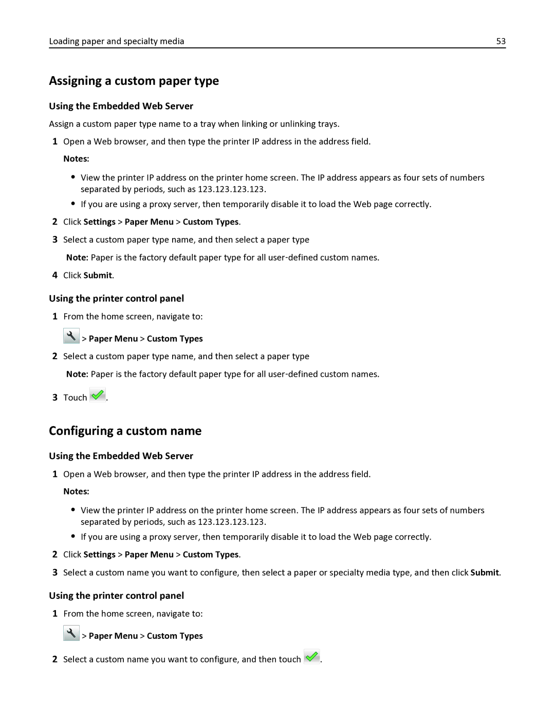 Lexmark 436 manual Assigning a custom paper type, Configuring a custom name, Click Settings Paper Menu Custom Types 