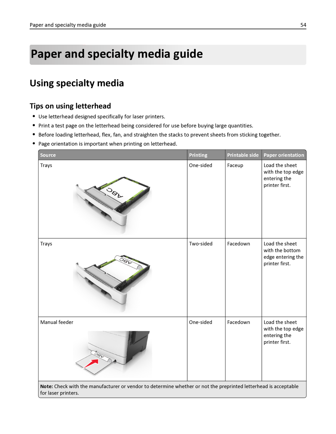 Lexmark 436 manual Paper and specialty media guide, Using specialty media, Tips on using letterhead 