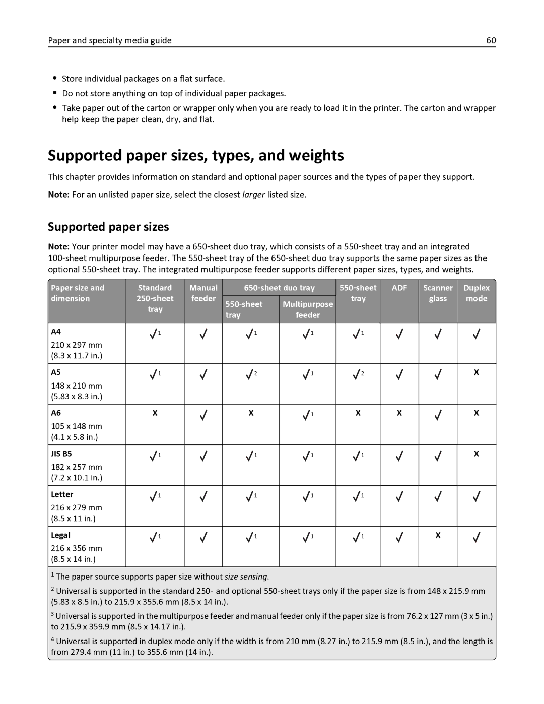 Lexmark 436 manual Supported paper sizes, types, and weights, Paper size Standard Manual 650 ‑sheet duo tray 