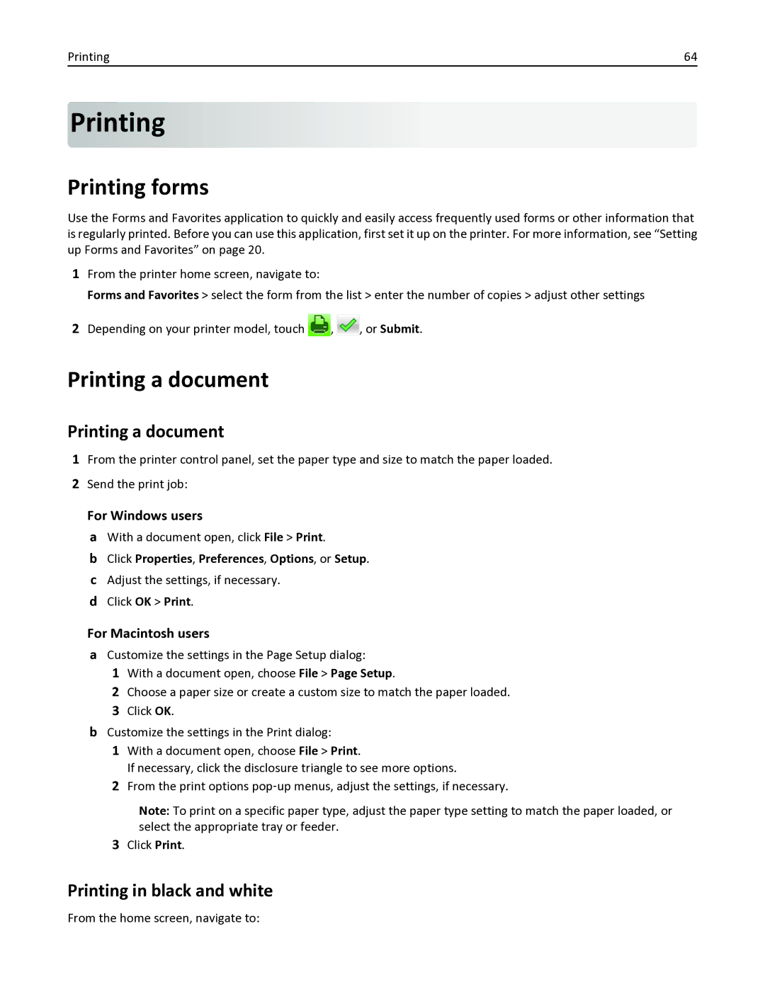 Lexmark 436 manual Printing forms, Printing a document, Printing in black and white 